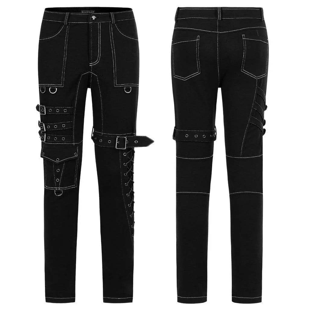 Men's Punk Multi Pockets Buckles Black Pants - Image 7