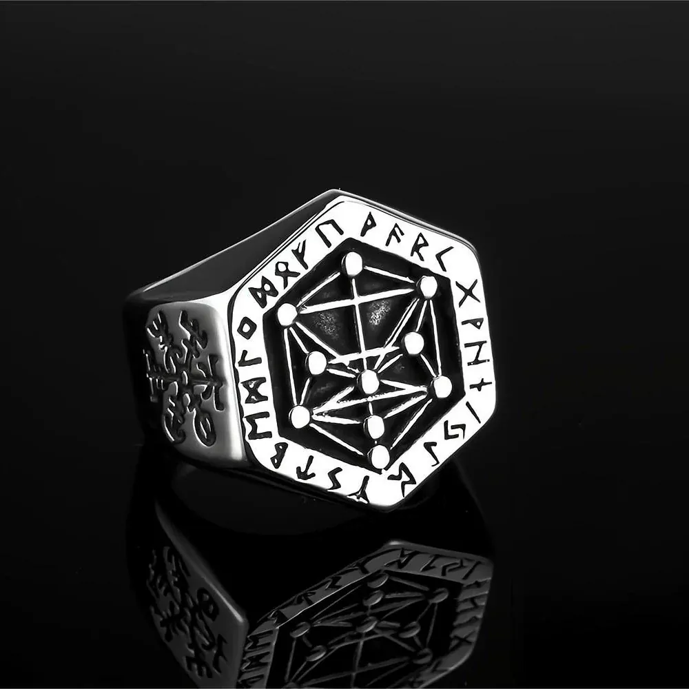 Men's Punk Norse Runes Geometric Hexagon Ring
