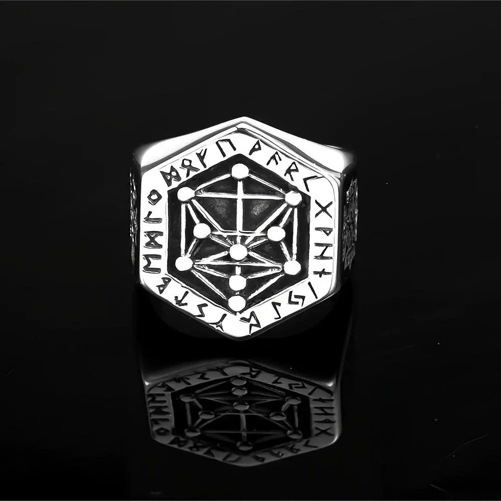 Men's Punk Norse Runes Geometric Hexagon Ring - Image 3