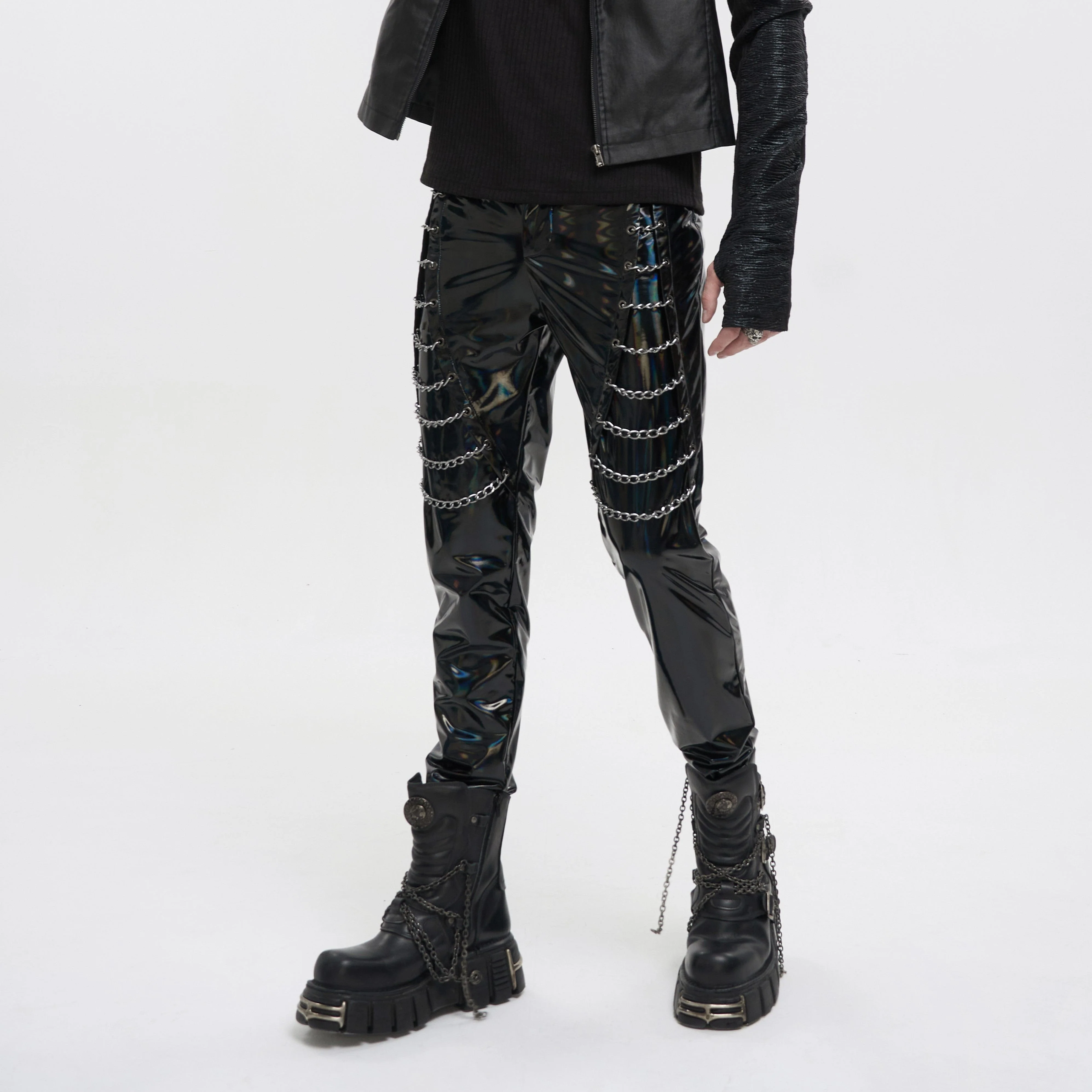 Men's Punk Patent Leather Chain Pants - Image 2