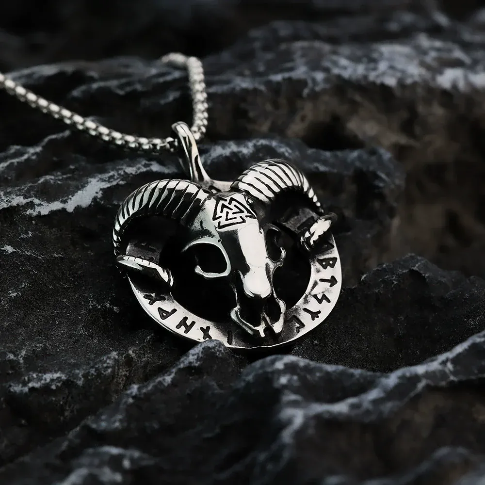 Men's Punk Ram Skull & Norse Runes Pendant Necklace