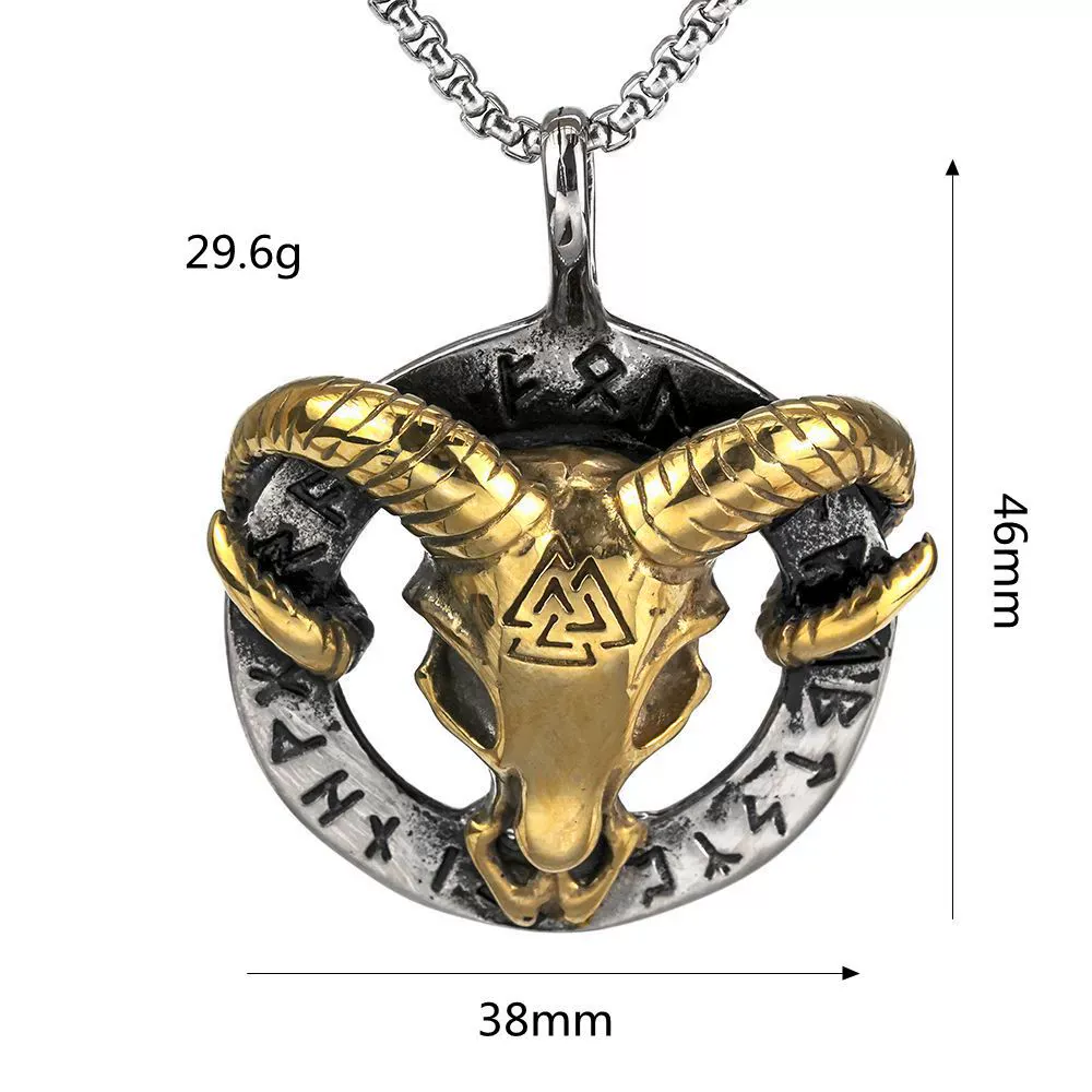 Men's Punk Ram Skull & Norse Runes Pendant Necklace - Image 4