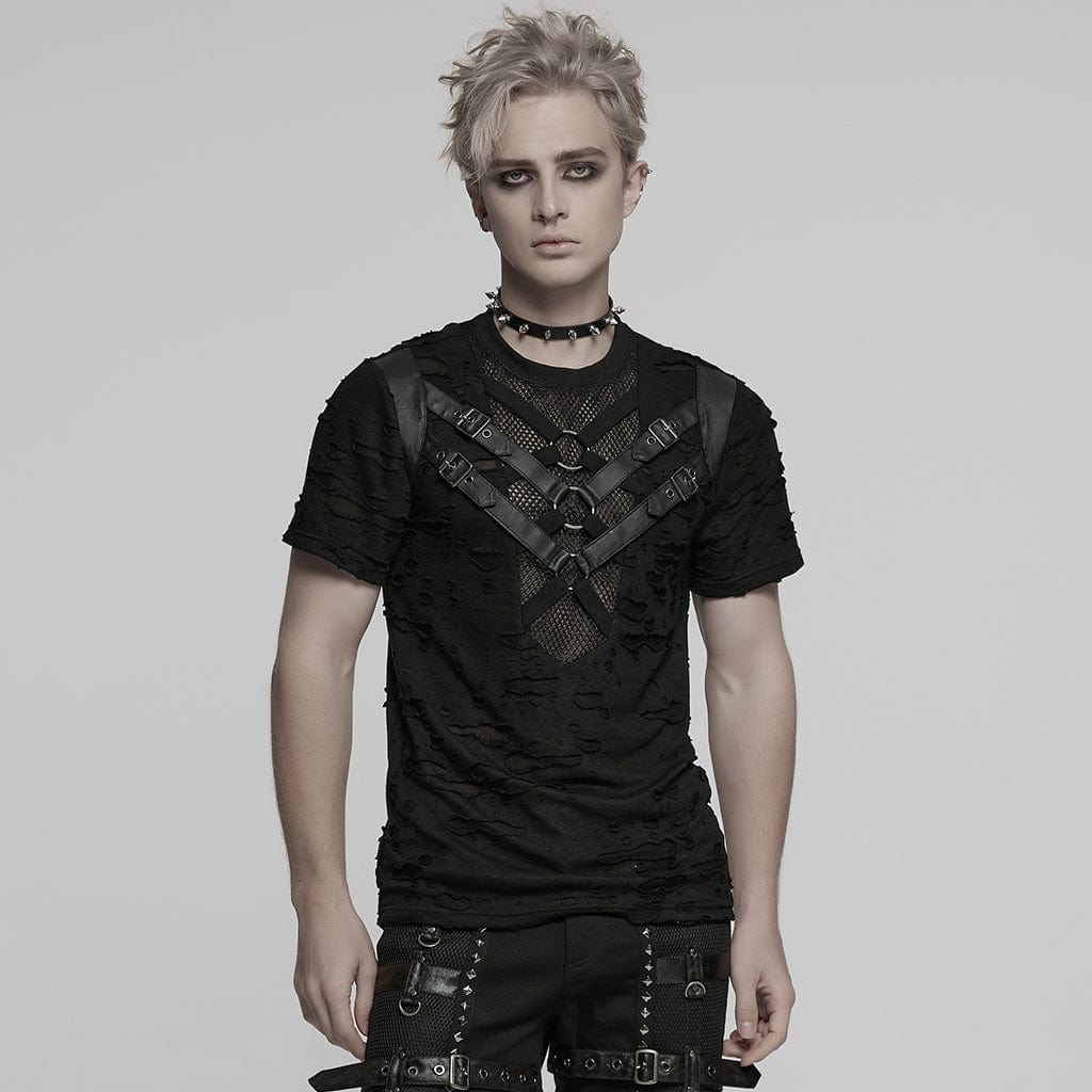 Men's Punk Ripped Mesh Splice Strap T-shirt