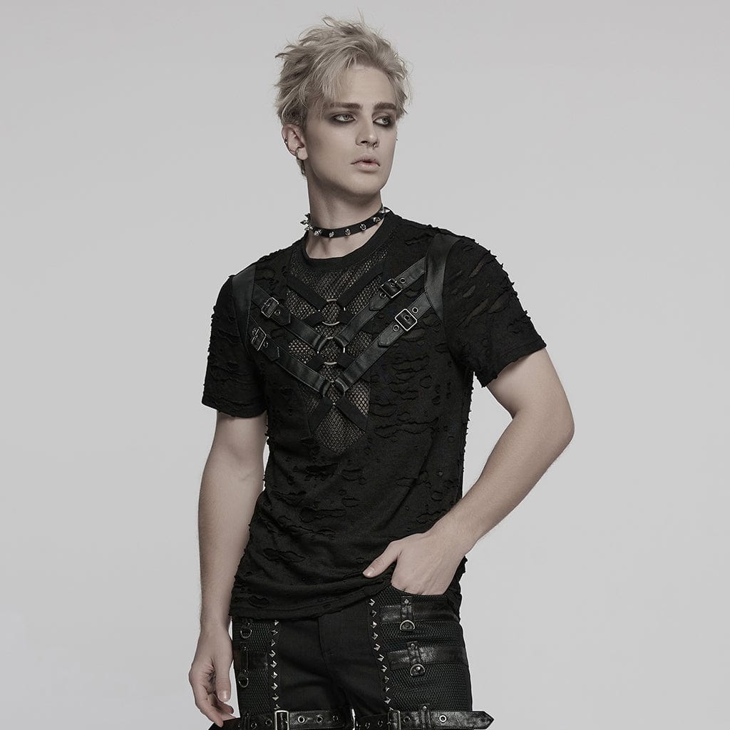 Men's Punk Ripped Mesh Splice Strap T-shirt - Image 2