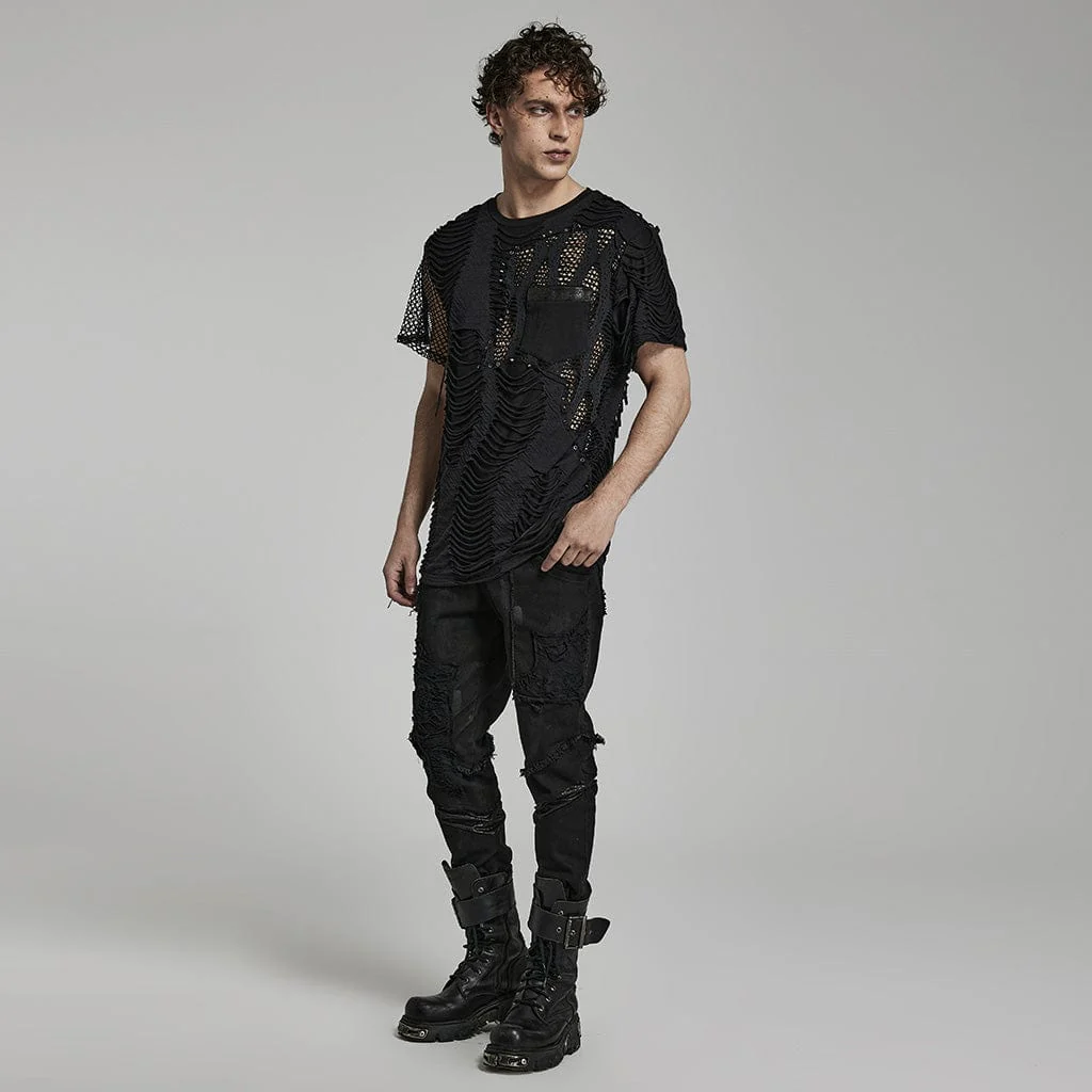 Men's Punk Ripped Mesh Splice T-shirt - Image 4