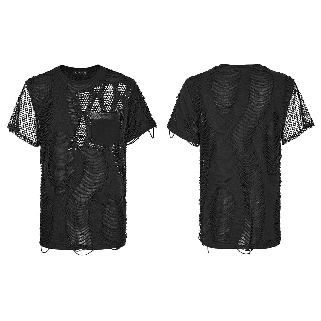 Men's Punk Ripped Mesh Splice T-shirt - Image 5
