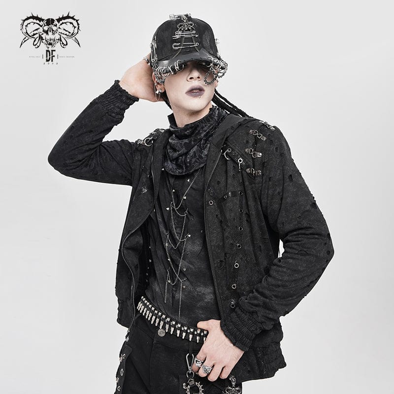 Men's Punk Ripped Pleated Hexagram Printed Coat - Image 2
