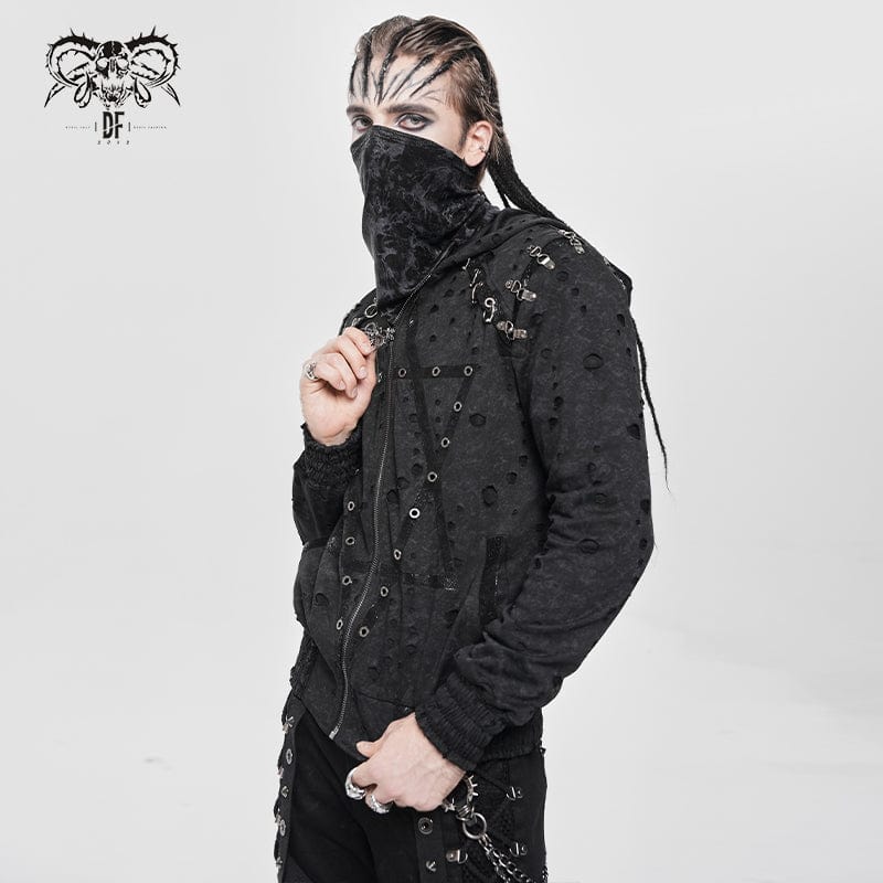 Men's Punk Ripped Pleated Hexagram Printed Coat - Image 4