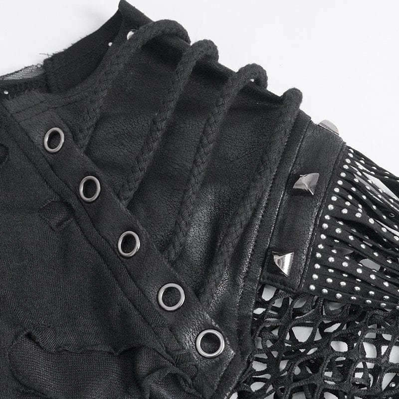 Men's Punk Ripped Tassels Mesh Splice T-shirt - Image 10