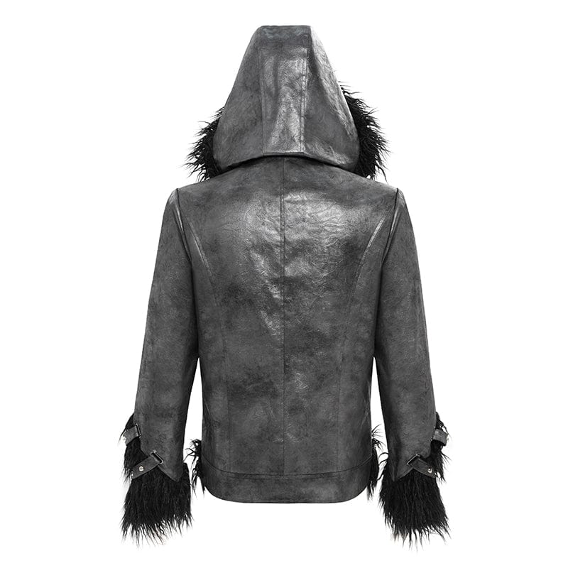 Men's Punk Rivet Strap Plush Splice Hooded Coat - Image 10