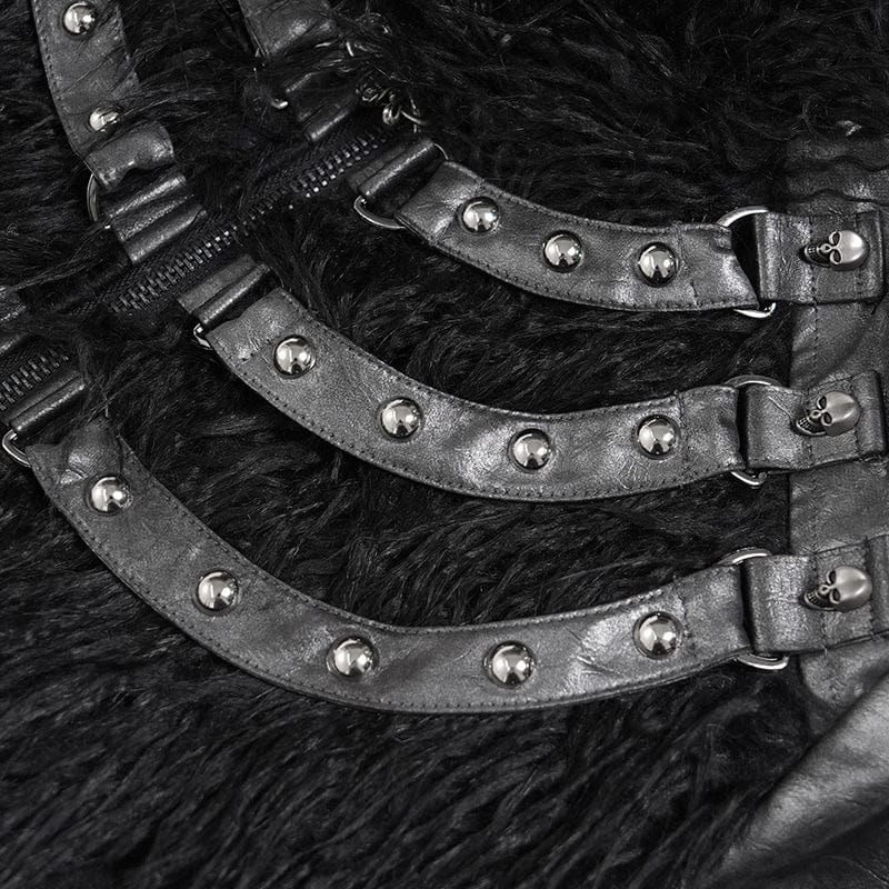 Men's Punk Rivet Strap Plush Splice Hooded Coat - Image 11