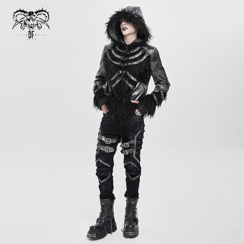 Men's Punk Rivet Strap Plush Splice Hooded Coat - Image 6