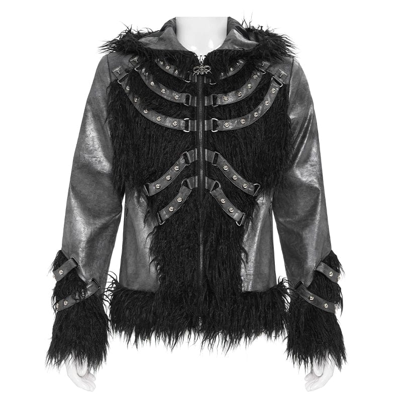 Men's Punk Rivet Strap Plush Splice Hooded Coat - Image 8