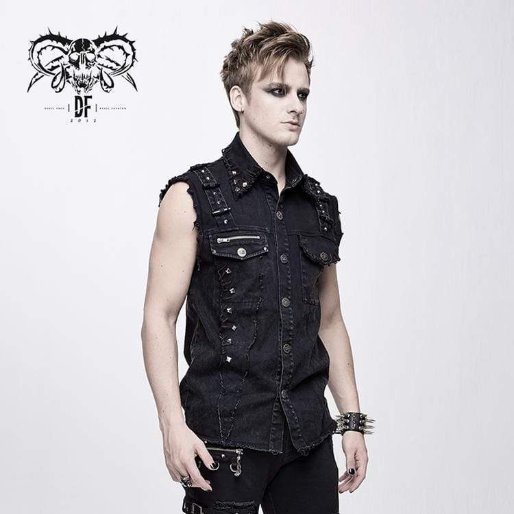Men's Punk Rivets Ripped Denim Waistcoat - Image 3
