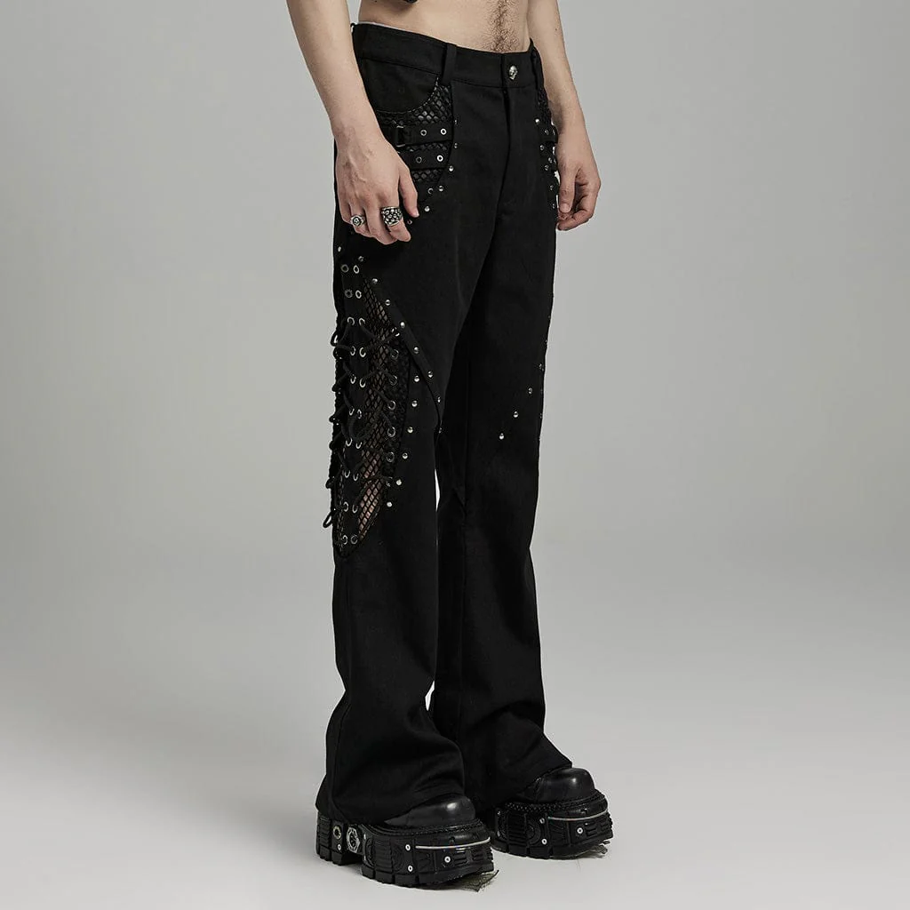 Men's Punk Rock Mesh Splice Eyelet Straps Flared Pants - Image 2
