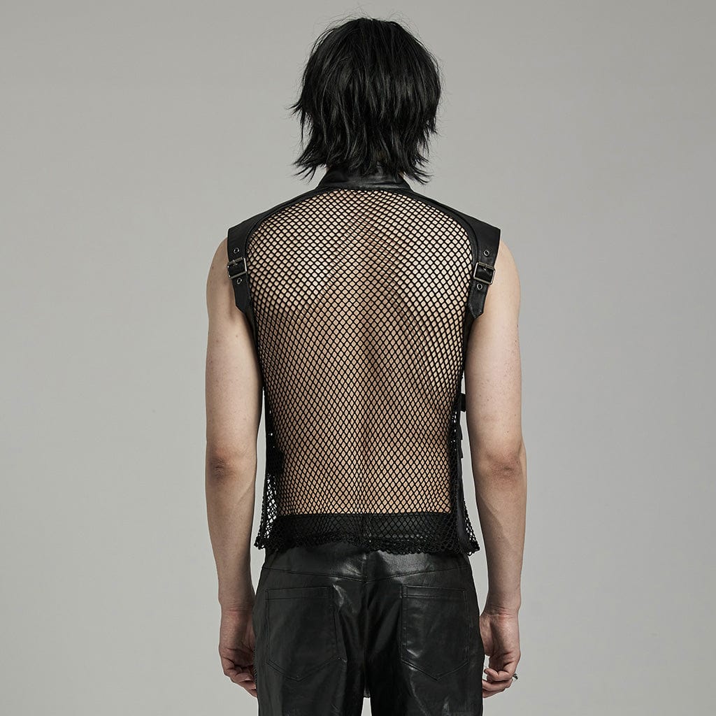 Men's Punk Rock Multi-buckles Mesh Splice Faux Leather Vest - Image 3