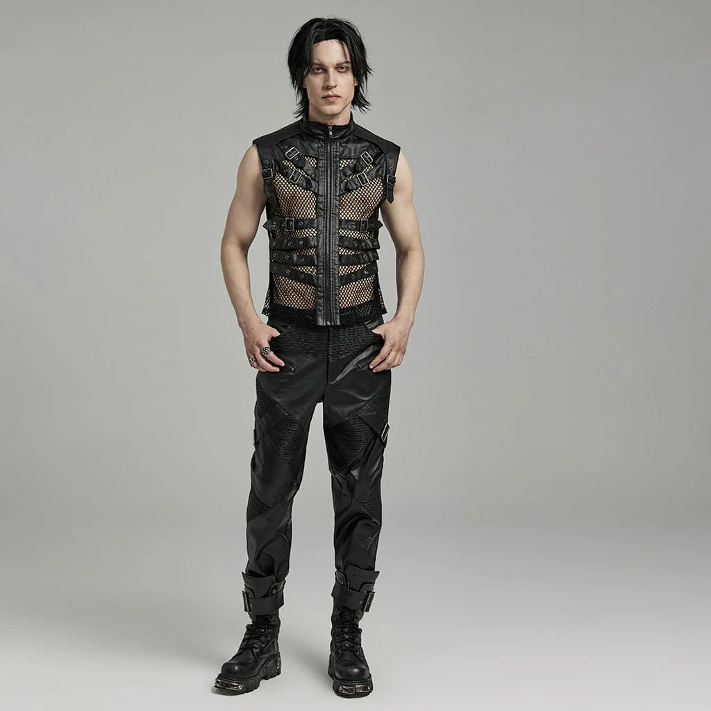 Men's Punk Rock Multi-buckles Mesh Splice Faux Leather Vest - Image 4