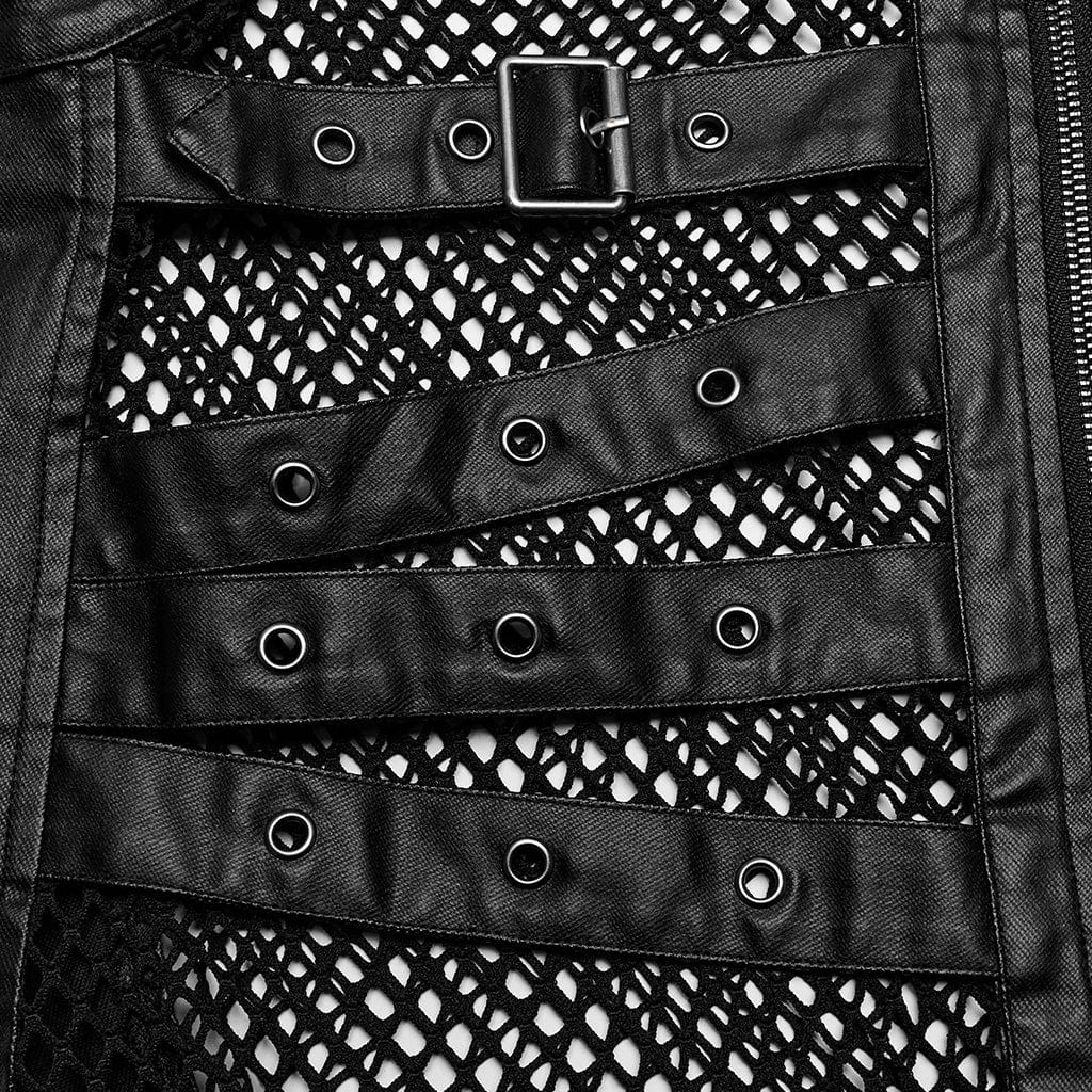 Men's Punk Rock Multi-buckles Mesh Splice Faux Leather Vest - Image 9