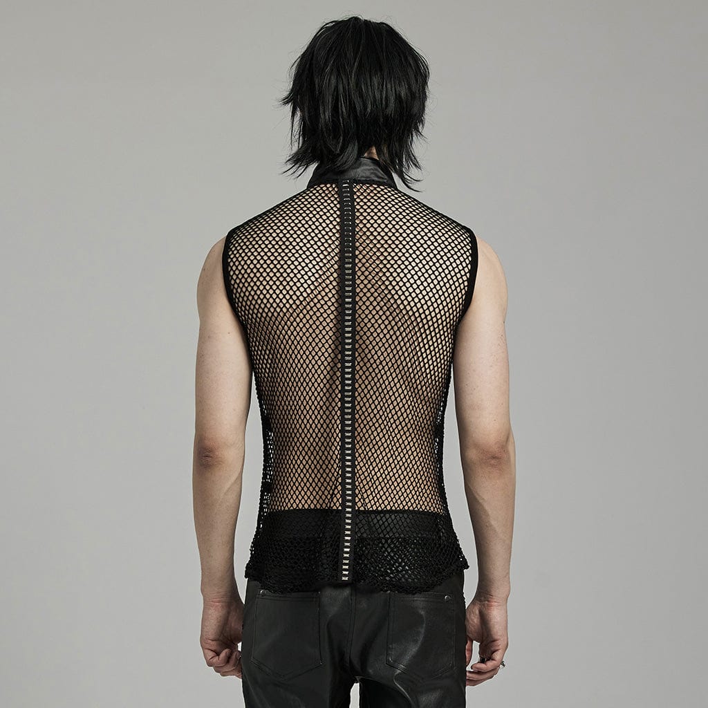 Men's Punk Rock Stand Collar Buckle Straps Mesh Tank Top - Image 3