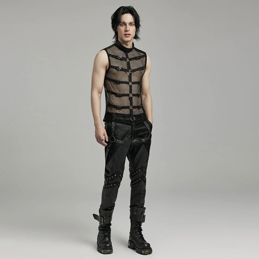 Men's Punk Rock Stand Collar Buckle Straps Mesh Tank Top - Image 4