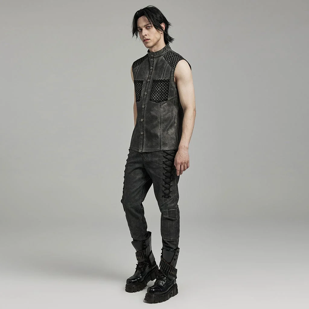Men's Punk Rock Stand Collar Mesh Splice Black Grey Vest - Image 4
