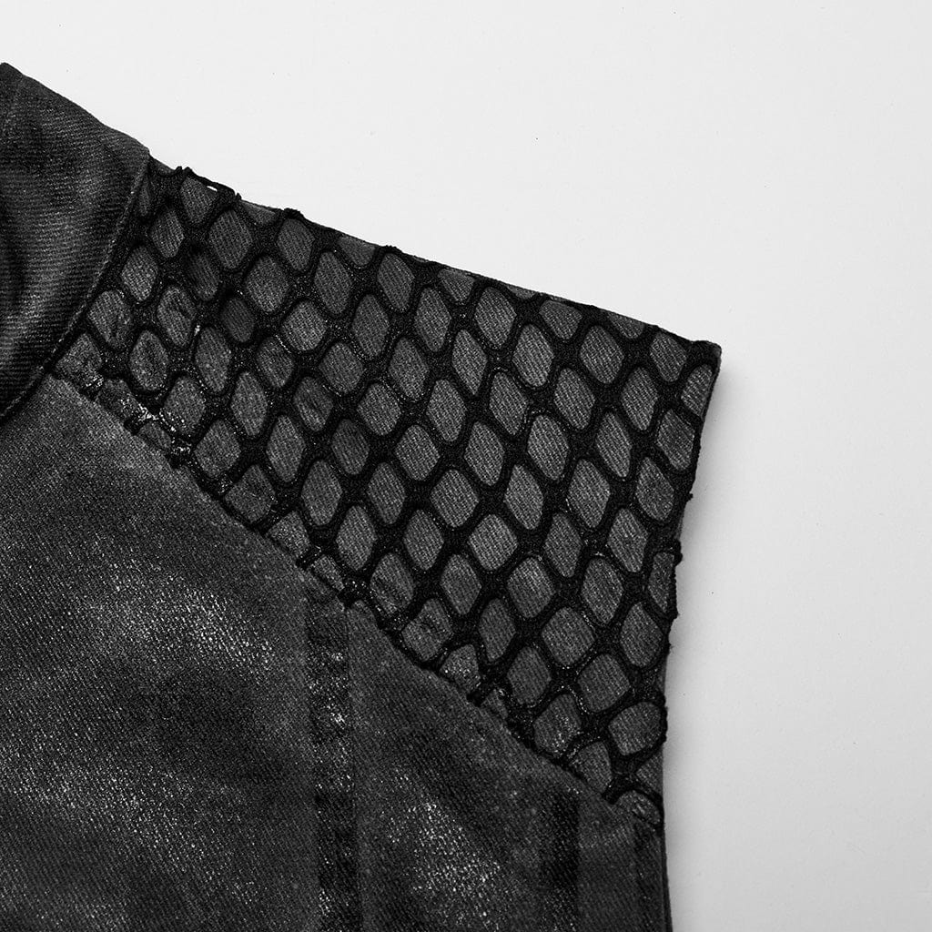 Men's Punk Rock Stand Collar Mesh Splice Black Grey Vest - Image 9