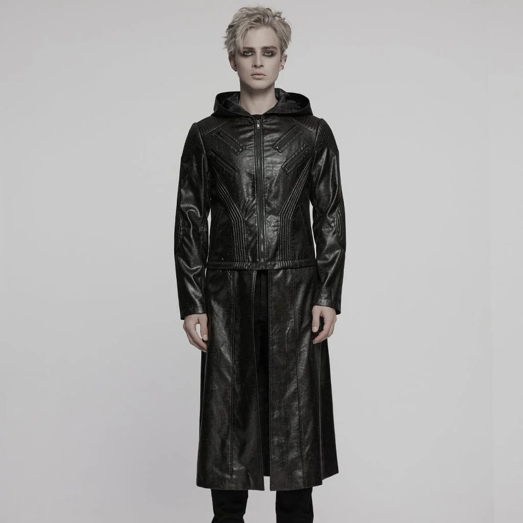 Men's Punk Ruched Faux Leather Detachable Coat - Image 4