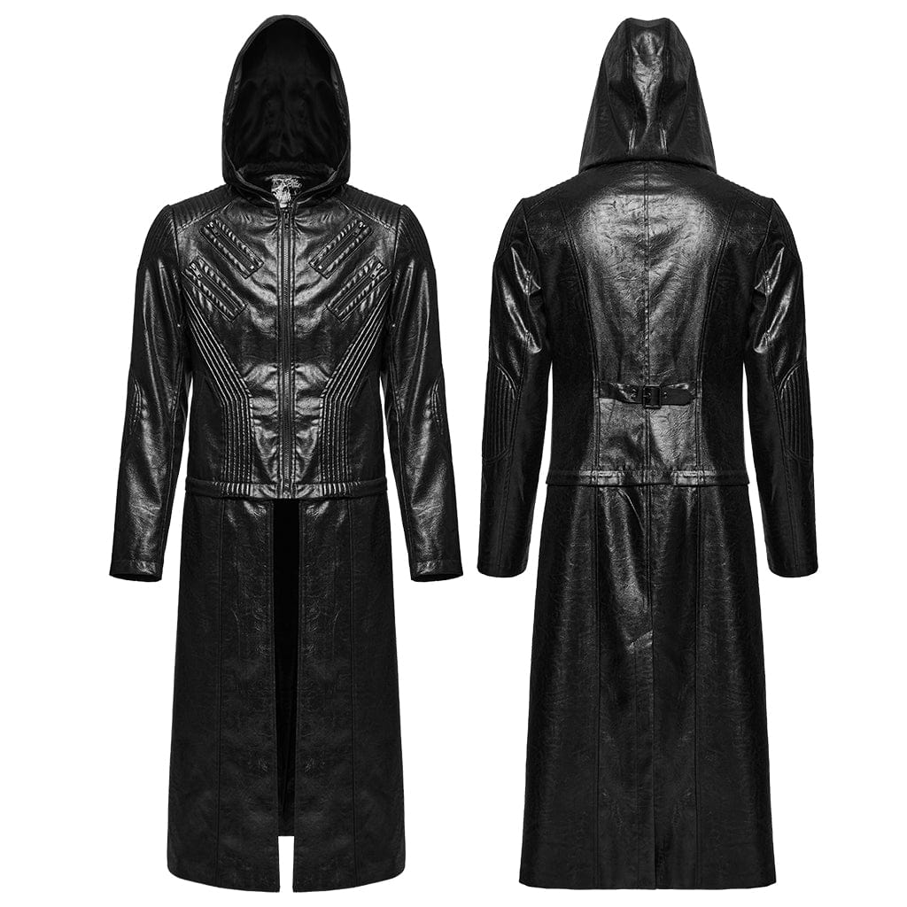 Men's Punk Ruched Faux Leather Detachable Coat - Image 5