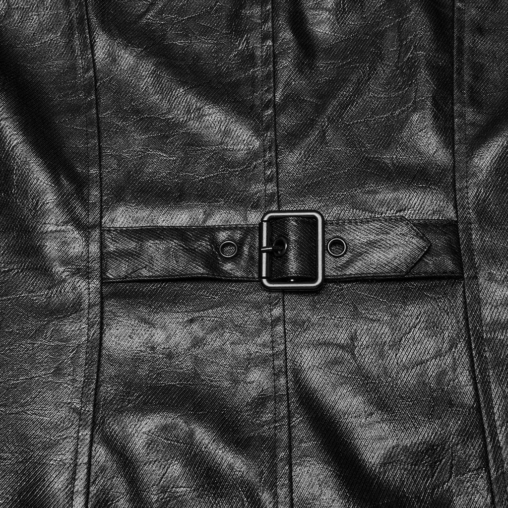 Men's Punk Ruched Faux Leather Detachable Coat - Image 9