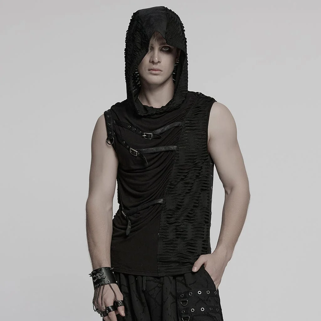Men's Punk Ruched Ripped Hooded Vest