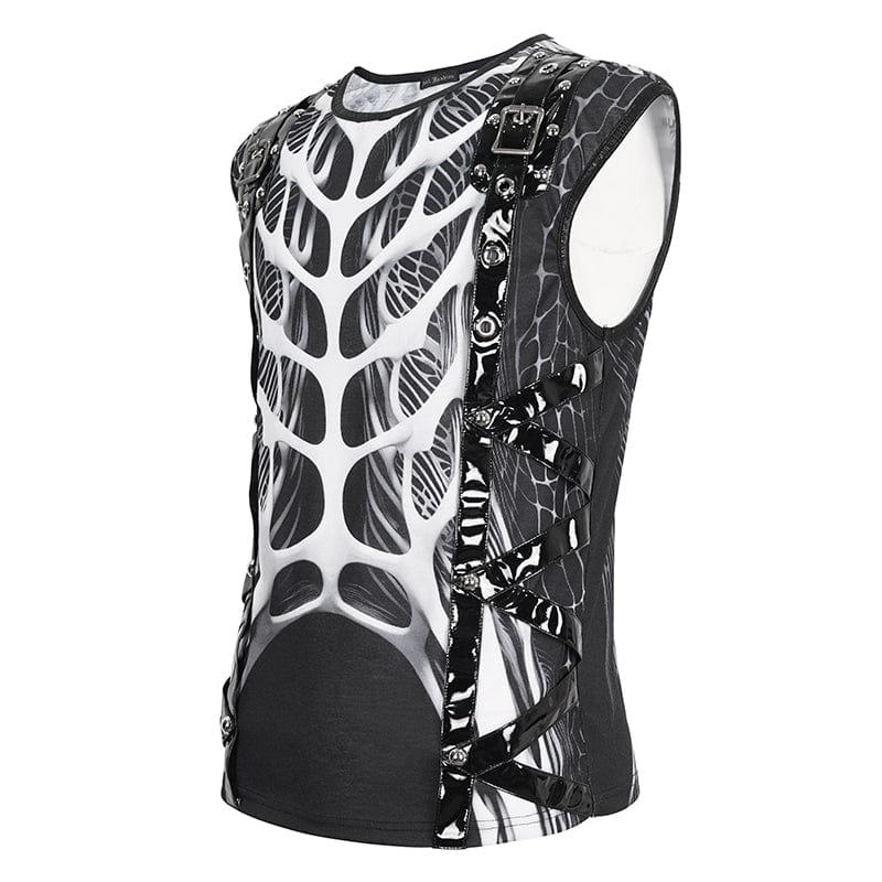 Men's Punk Skeleton Patent Leather Splice Tank Top - Image 8