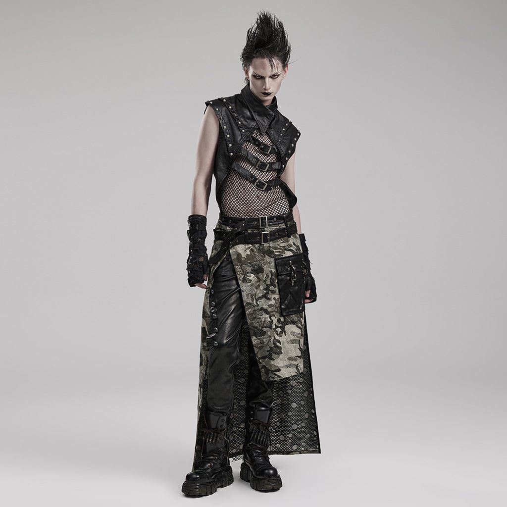 Men's Punk Splice Mesh Faux Leather Vest - Image 4