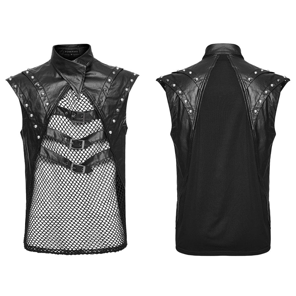 Men's Punk Splice Mesh Faux Leather Vest - Image 5