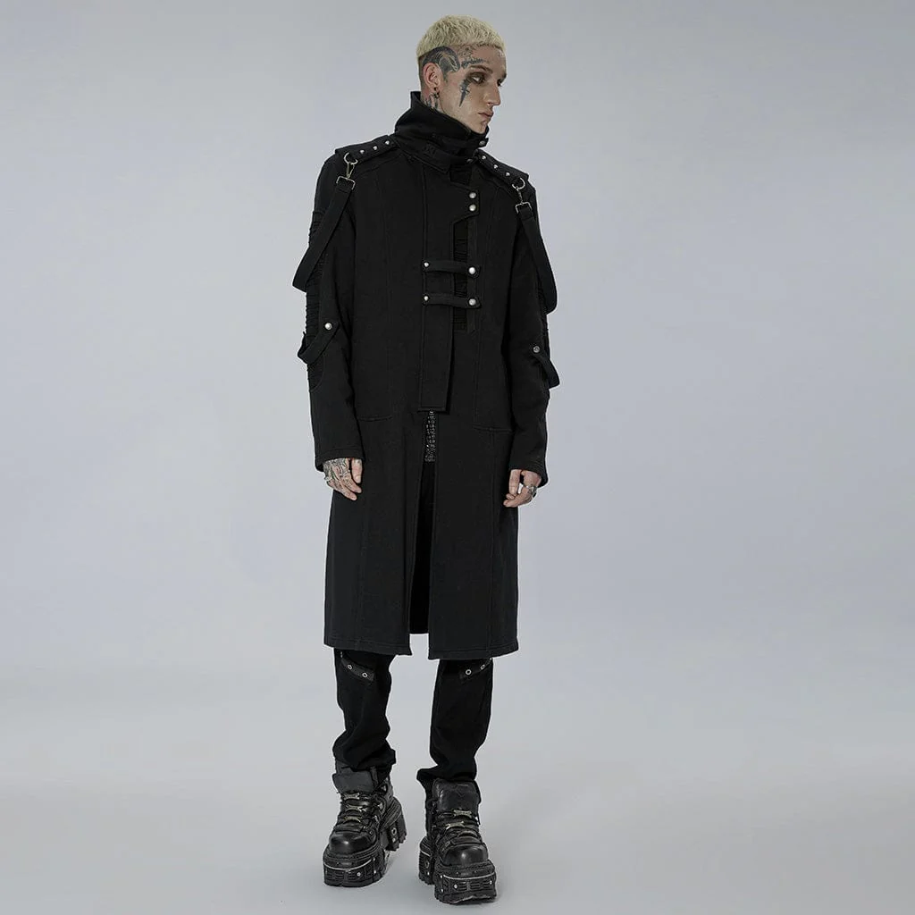 Men's Punk Stand Collar Asymmetric Zipper Long Coat - Image 2
