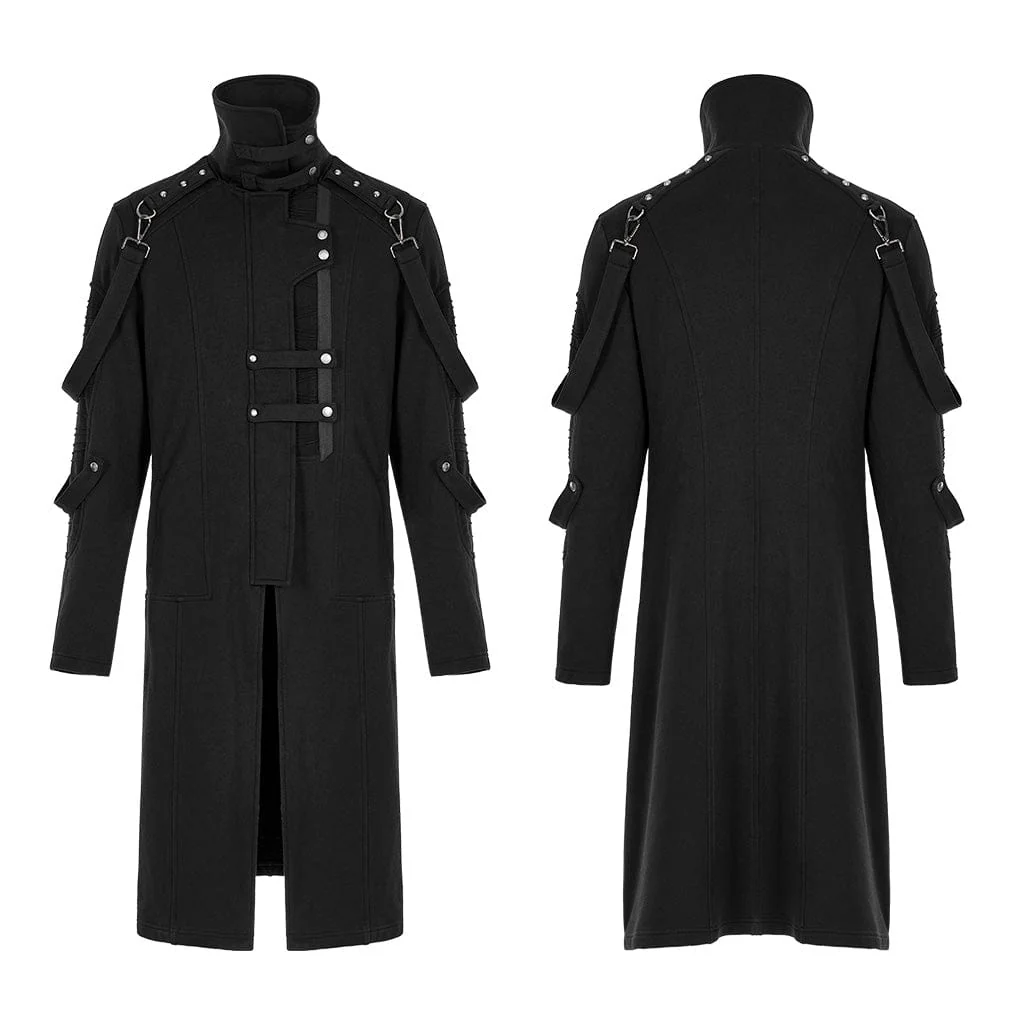 Men's Punk Stand Collar Asymmetric Zipper Long Coat - Image 5