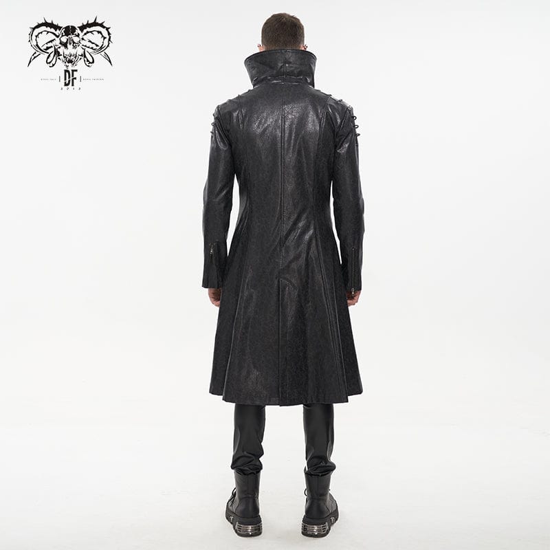 Men's Punk Stand Collar Faux Leather Long Coat - Image 4