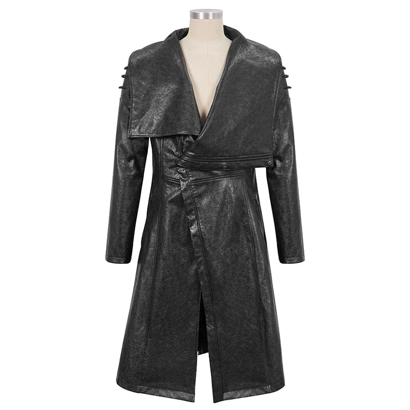 Men's Punk Stand Collar Faux Leather Long Coat - Image 5