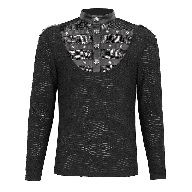 Men's Punk Stand Collar Mesh Splice Shirt - Image 7