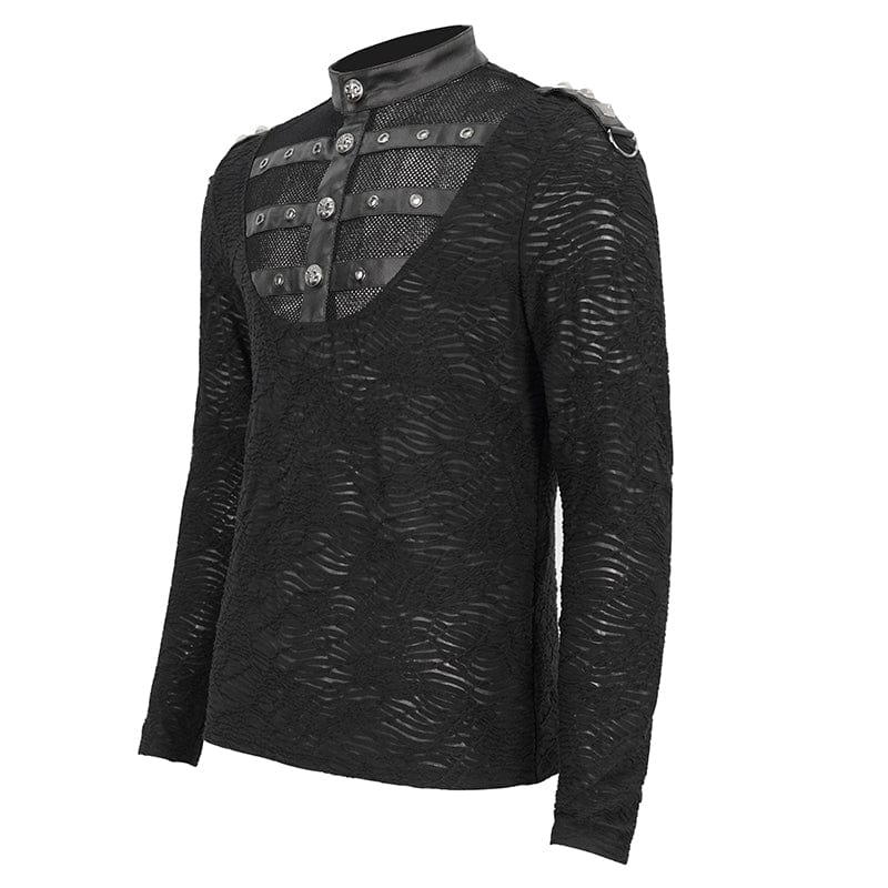 Men's Punk Stand Collar Mesh Splice Shirt - Image 8