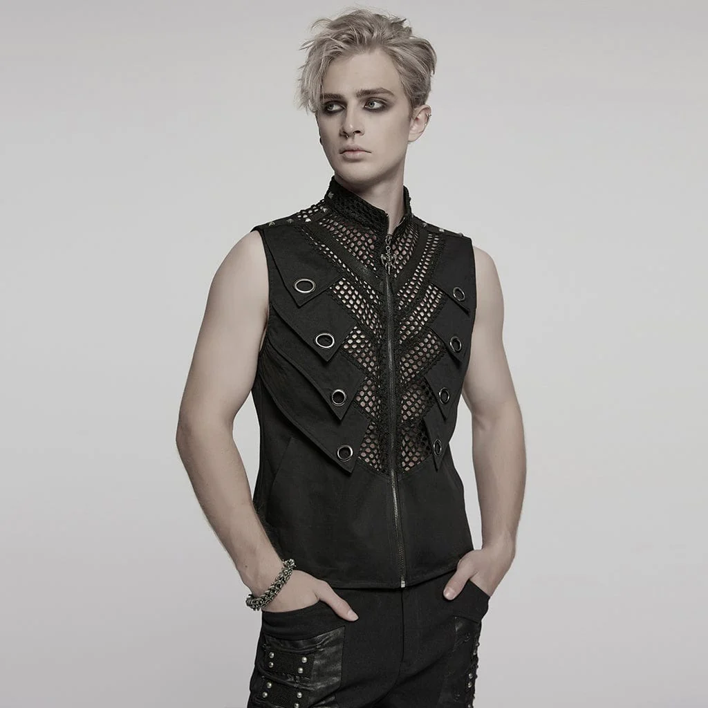 Men's Punk Stand Collar Mesh Splice Studded Vest - Image 2
