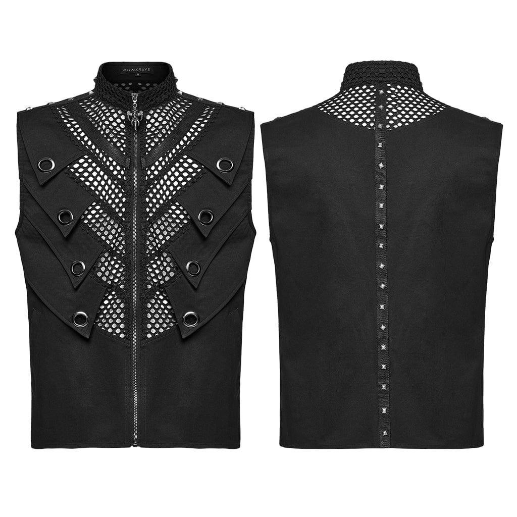 Men's Punk Stand Collar Mesh Splice Studded Vest - Image 5