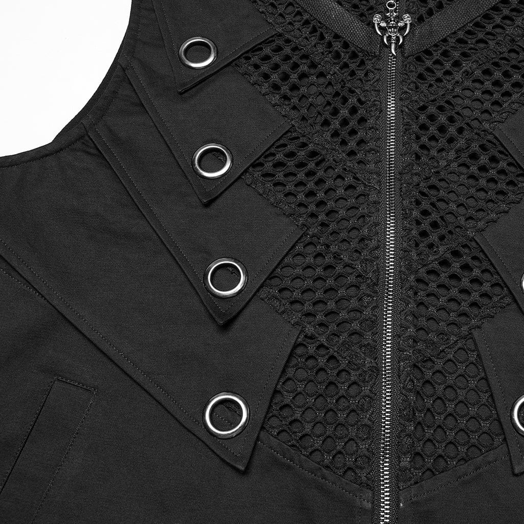 Men's Punk Stand Collar Mesh Splice Studded Vest - Image 8