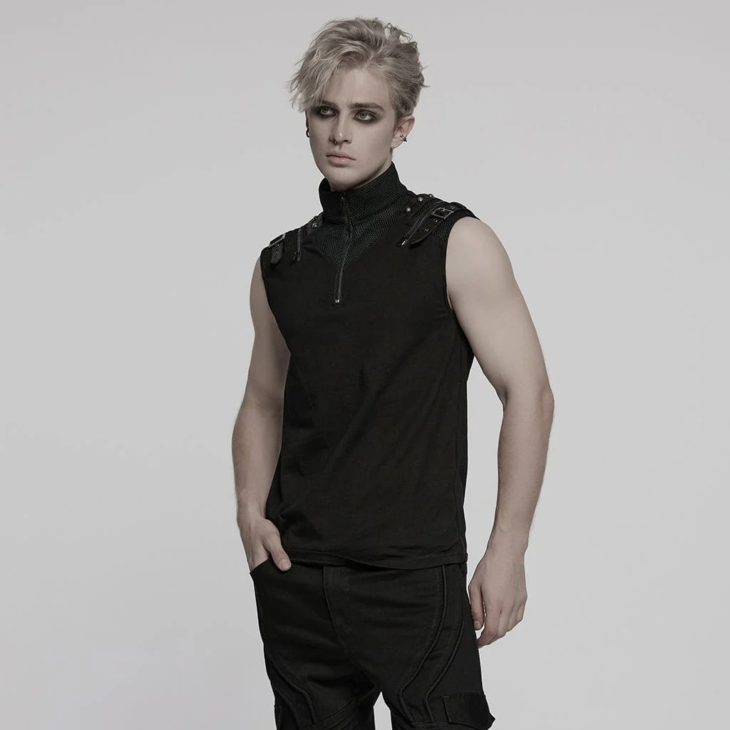 Men's Punk Stand Collar Mesh Splice Zipper Vest - Image 2