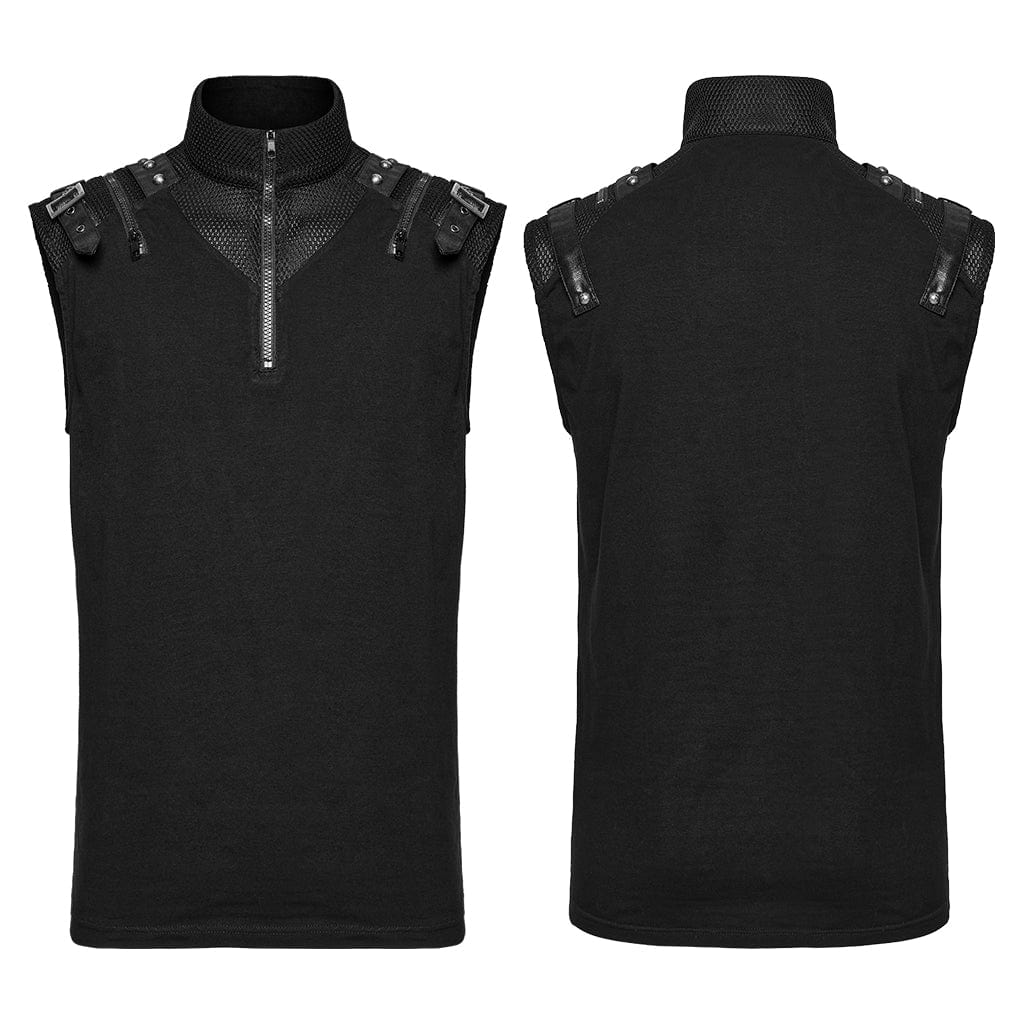 Men's Punk Stand Collar Mesh Splice Zipper Vest - Image 5