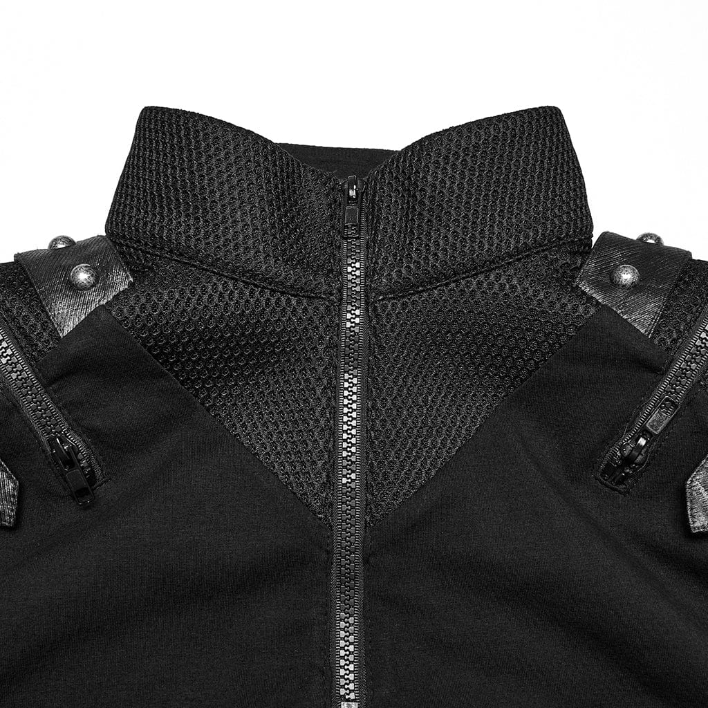 Men's Punk Stand Collar Mesh Splice Zipper Vest - Image 6