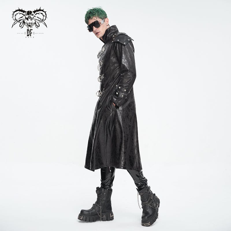 Men's Punk Stand Collar Multi-buckle Faux Leather Coat Black - Image 4