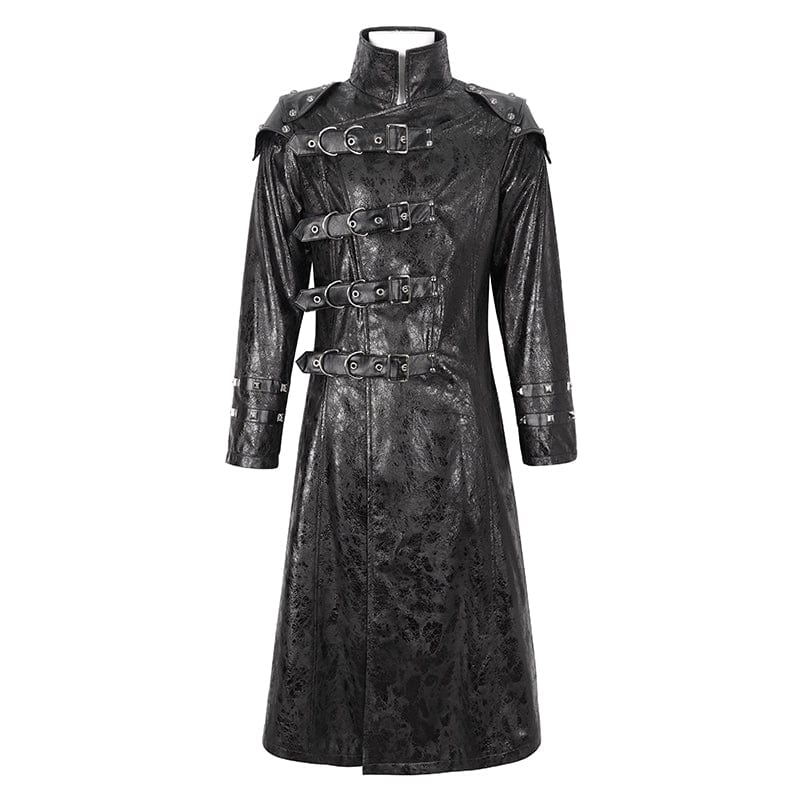 Men's Punk Stand Collar Multi-buckle Faux Leather Coat Black - Image 6