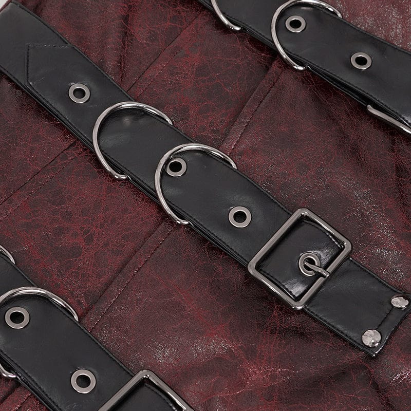 Men's Punk Stand Collar Multi-buckle Faux Leather Coat Red - Image 10