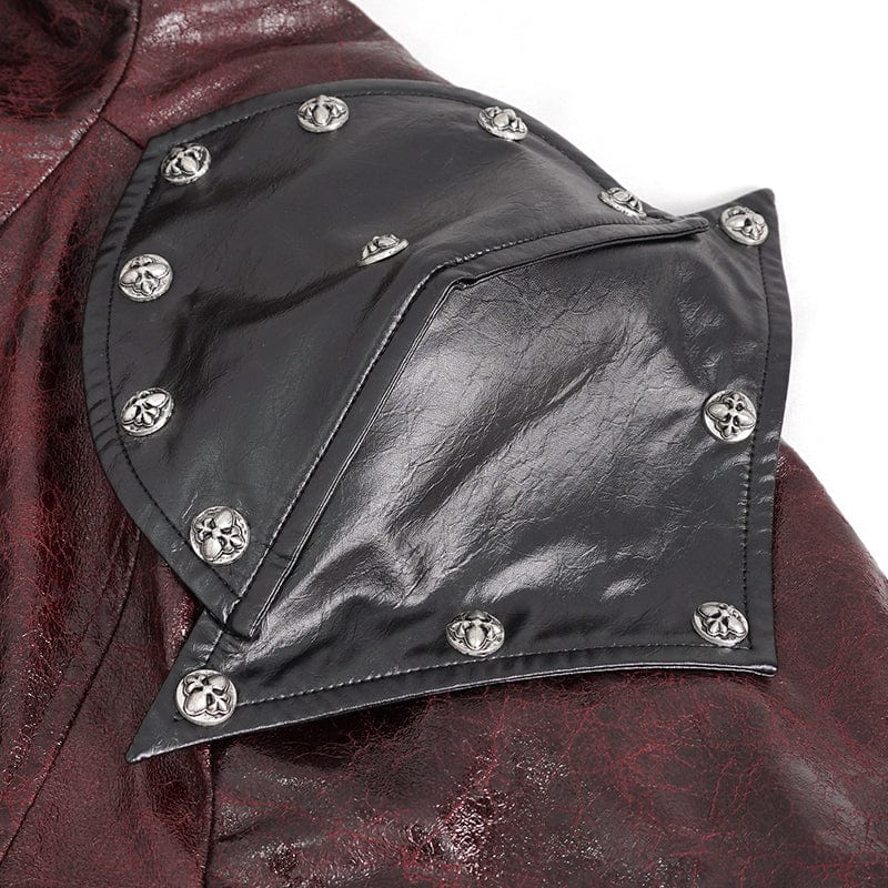 Men's Punk Stand Collar Multi-buckle Faux Leather Coat Red - Image 11