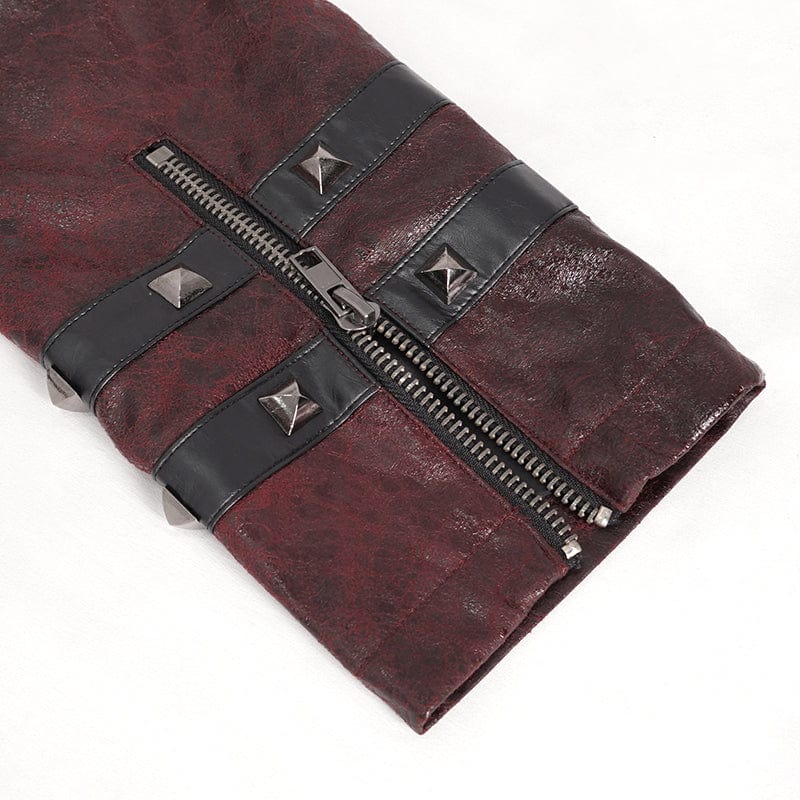Men's Punk Stand Collar Multi-buckle Faux Leather Coat Red - Image 12